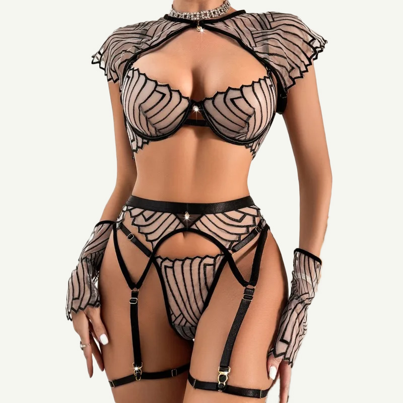 Garter Belt Set - Women's Black Geometric Embroidered Bra and